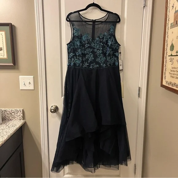 Adrianna Papell | Dresses | Adrianna Papell Beaded Midi Dress With Tulle  Skirt In Midnight | Poshmark
